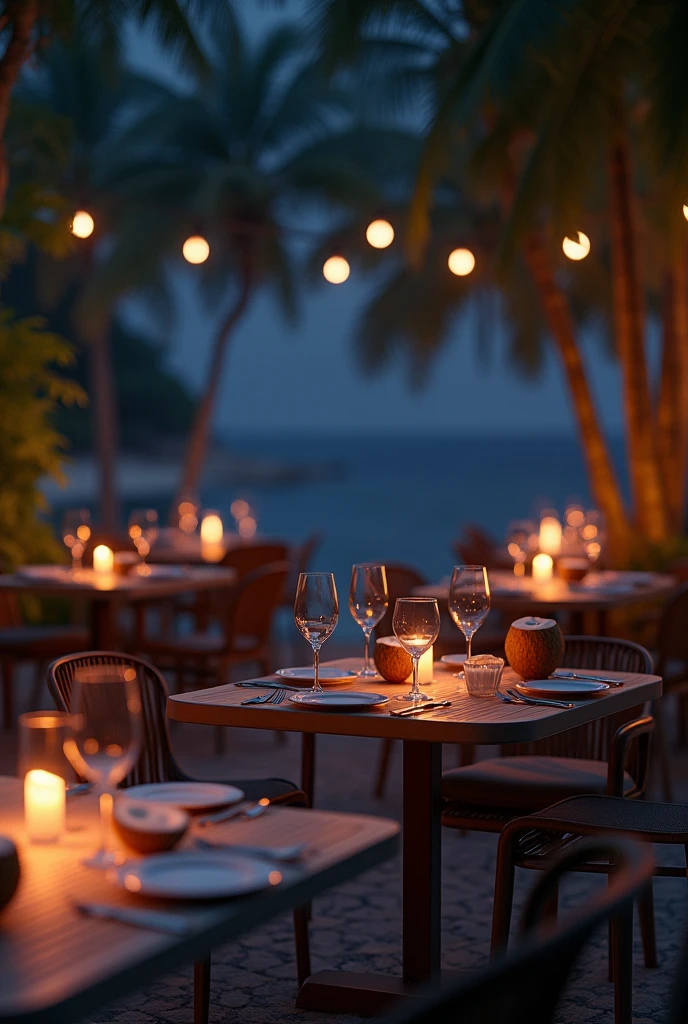 Some tables at night some glasses of wine decorated with coconuts without people