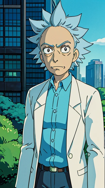 (1boy, Rick Sanchez), (extremely detailed CG unit 8k wallpaper),(master part), (best quality), (ultra detail), (best illustration),(ghibli style), cowboy shot, (Sharp eyeliner, ombre, detail eyes:1), city park, outdoors , break , (GHIBLI_Background), upper body, white lab Coat, grey-blue hair, blue shirt,