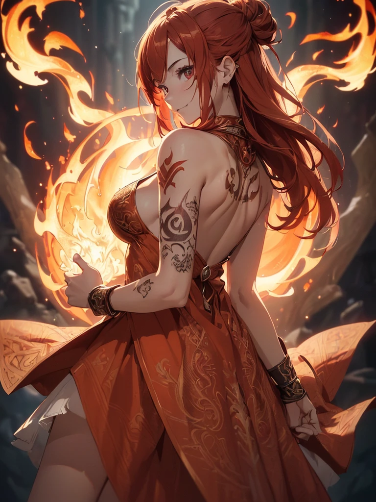 (((best quality, sharp image, clear image, cinematic lighting, 8k resolution, masterpiece, ultra detailed, intricate))) Girl, ((shot from behind)), ((close up)), look at viewer, fire mage, ((intricate background)), ((chaotic background)), red hair, smiling, ((flame runes, flame sigils)), (tatoo on back), slim figure, flying sigils, long dress, cute