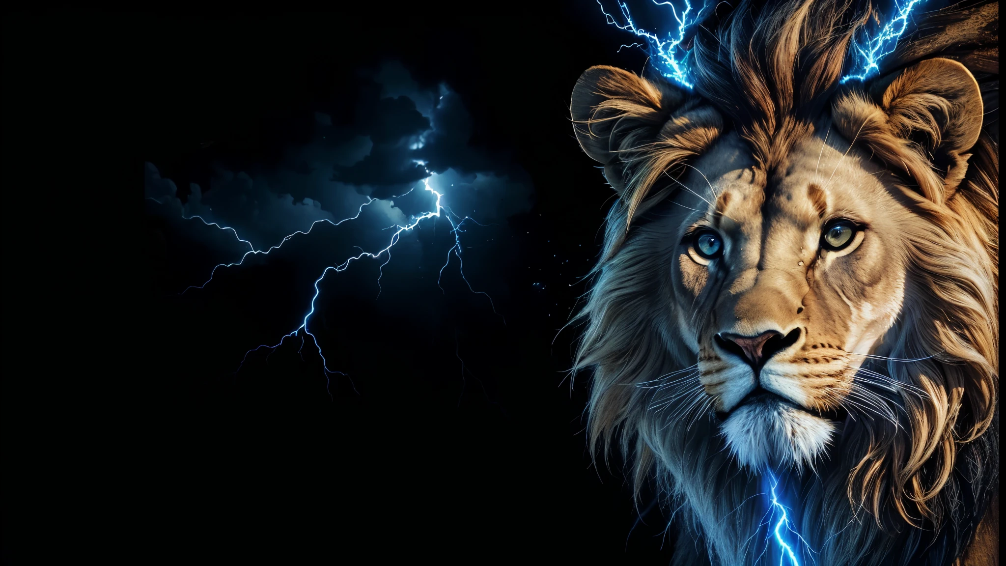 Lion, Divine lion, naturals, thunder, Realistic lion, rey, realistic detailed, sunset light, sky, sol da noite, realistic detailed 16K, Eletricidade Detalhada 8k, Texturas realistas de 8k, Cores photorrealistic 8k, fire azul, realistic detailed Fire Bolt, sky Light Detailed, Power of thunder, Divine Realistic, golden crown, golden crown, golden crown, naturey, Linda, Rendering, photorrealistic, UltraHigh definition, 4K, detailed textures, thunder, detailed shadows, detailed colors, neon blue, blue light, lightning strikes, blue power, naturey Linda, Great Divine, peaceful face, naturalss, lightning strike, Electric power screw, detailed contrast, realistic contrast, high resolution, detailed colors, fire, villany, divine creature, 8k FullHD, realistic detailed, 16K, 8k, High definition, detailed contrast, realistic contrast, high resolution, detailed colors, fire, villany, divine creature, 8k Realistic lion Face, Beauty Lion, Beauty Nature, realistic detailed, chic, elegance