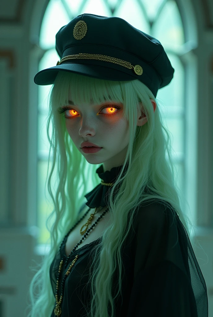 Gemera is a girl with long, straight hair and light lime-colored skin that is very light and even pale.. Let their eyes be orange but in the shape of aspirals and bright, He dresses in a somewhat gothic way and has a black cap that has a ghostly aura.. Let it be mysterious and scary, let it have a smile. She is 20 years old she is a ghost
