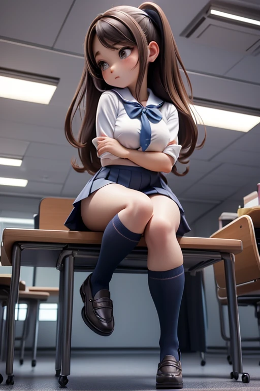 Smooth and straight hair、Brown Hair、School classroom、face forward.back view,double facepalm、Big Breasts,JK、Sunburned skin、uniform、Navy Blue、Navy Blueプリーツスカート、The skirt is made of fabric、Bold Pose、Bold leg spread、Bright natural light、Thong、Black Panties、loose socks、白いloose socks、A stand made of mirrors、Loafers with thick soles、Crotch up、Smartphone screen、Smartphone photography、Buttocks seen through the screen、ローアングルでSmartphone photography、Smartphone right under the crotch、Angle from under the desk、Crotch lighting、View from the front、Smartphone screen