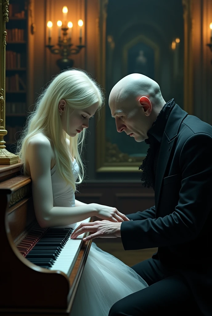 Vampire man, 30 years, teaching albino girl play piano