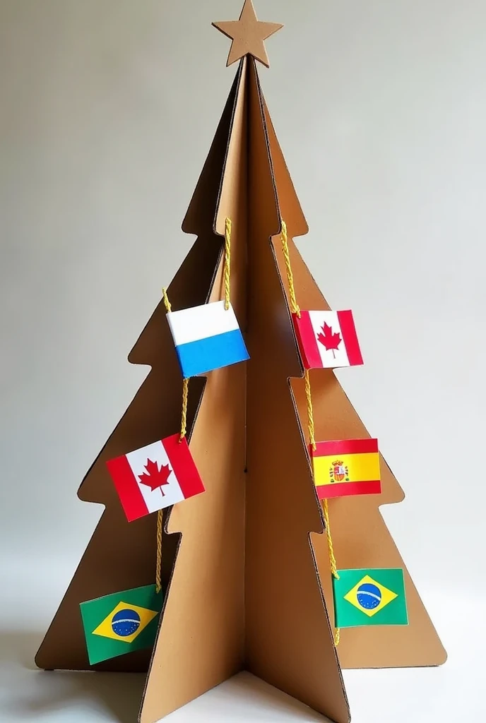 Create a pyramid-shaped Christmas tree out of cardboard with 5 flags made of paper and colored with tempera paints from France, Colombia, Spain, Canada, Brazil, hanging from gold thread