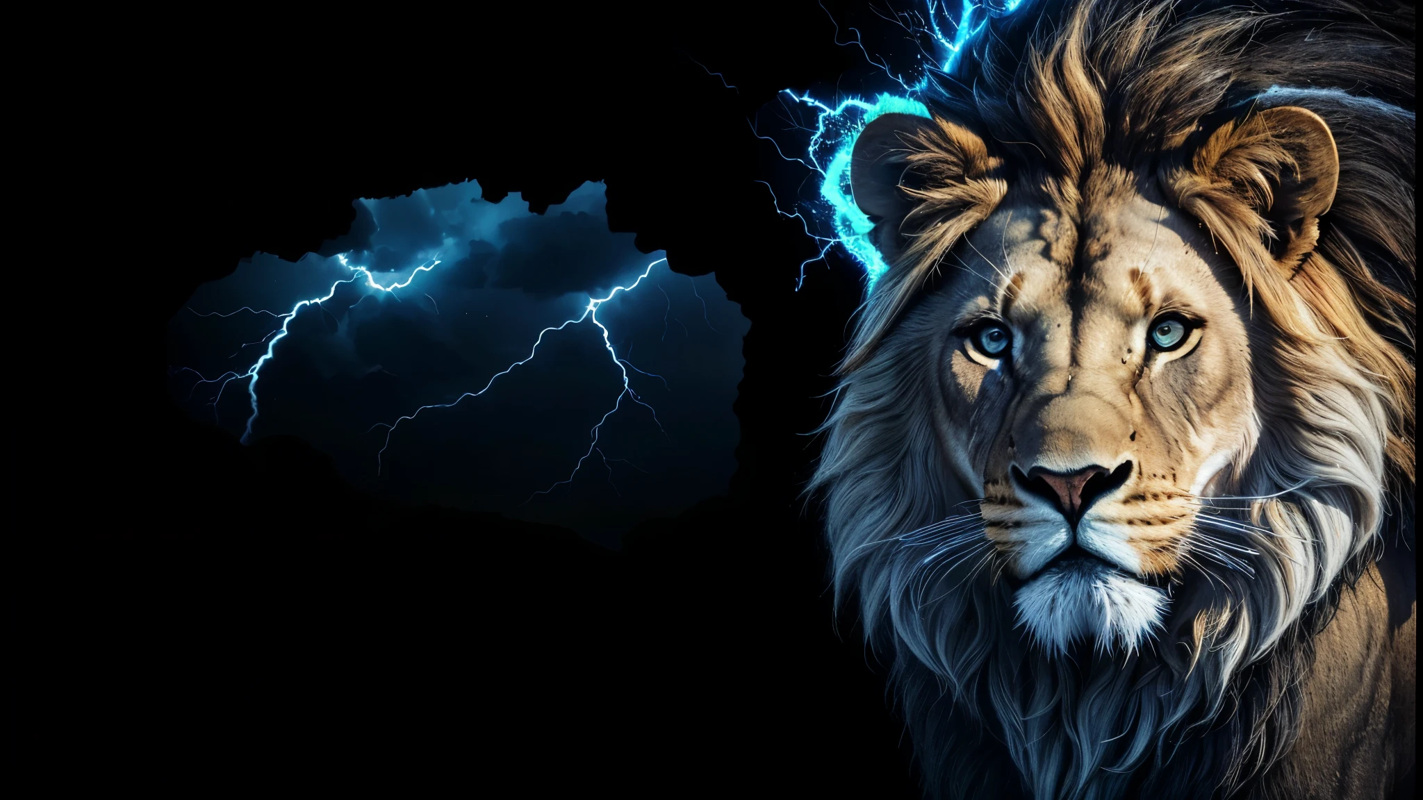 Lion, Divine lion, naturals, thunder, Realistic lion, rey, realistic detailed, sunset light, sky, sol da noite, realistic detailed 16K, Eletricidade Detalhada 8k, Texturas realistas de 8k, Cores photorrealistic 8k, fire azul, realistic detailed Fire Bolt, sky Light Detailed, Power of thunder, Divine Realistic, golden crown, golden crown, golden crown, naturey, Linda, Rendering, photorrealistic, UltraHigh definition, 4K, detailed textures, thunder, detailed shadows, detailed colors, neon blue, blue light, lightning strikes, blue power, naturey Linda, Great Divine, peaceful face, naturalss, lightning strike, Electric power screw, detailed contrast, realistic contrast, high resolution, detailed colors, fire, villany, divine creature, 8k FullHD, realistic detailed, 16K, 8k, High definition, detailed contrast, realistic contrast, high resolution, detailed colors, fire, villany, divine creature, 8k Realistic lion Face, Beauty Lion, Beauty Nature, realistic detailed, chic, elegance