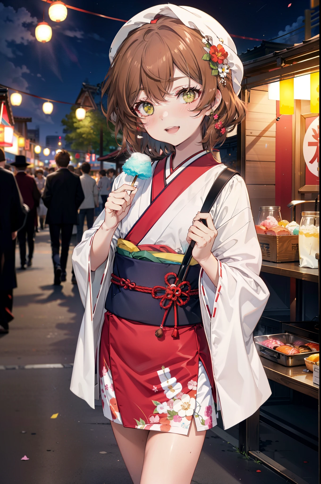 Lililukarde,  (Brown eyes:1.7), Brown Hair, (Flat Chest:1.2), short hair,smile,blush,Open your mouth,night,Brown kimono,mini skirt,He is holding cotton candy in his right hand and a clear bag full of cotton candy in his left hand.,Japanese Festivals,Summer festival food stalls,Red lantern,whole bodyがイラストに入るように,
break looking at viewer,whole body, (Cowboy Shot:1. 5),
break outdoors, Veranda,
break (masterpiece:1.2), Highest quality, High resolution, unity 8k wallpaper, (figure:0.8), (Beautiful attention to detail:1.6), Highly detailed face, Perfect lighting, Highly detailed CG, (Perfect hands, Perfect Anatomy),