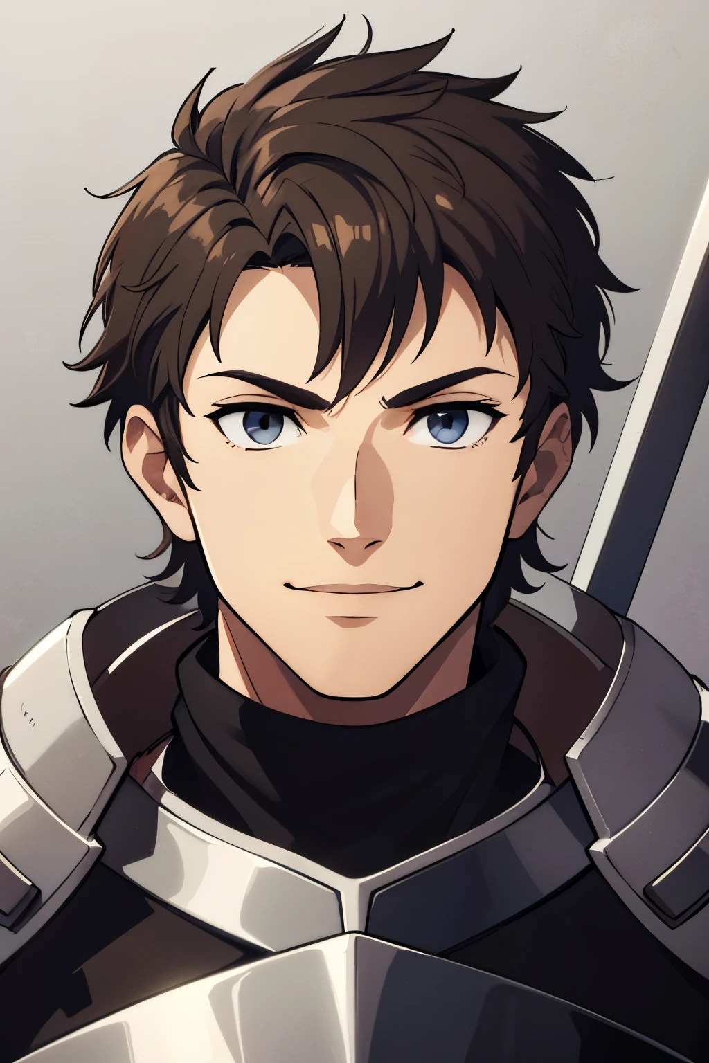 (high-quality, breathtaking),(expressive eyes, perfect face) 1male, boy, solo, portrait, Fire Emblem Awakening, Symmetrical Eyes, grey background, dark Brown hair color, short hair length, upper body, dark brown eyes, detailed eyes, masculine face, positive expression, charming smiling, Fredrick (Fire Emblem: Awakening), brown and grey armor, weapon, breastplate, polearm, gauntlets, shoulder armor, pauldrons, upper body, messy shaggy hair, Fire Emblem Portrait,
