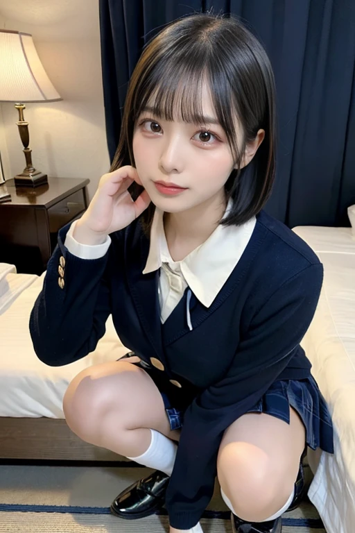 (8k, RAW Photos, Highest quality, masterpiece:1.2), masterpiece, super detailed, super high quality, (Realistic and photorealistic photography:1. 3), High-resolution RAW color photos, Very delicate and beautiful, highly detailed, 8k wallpaper, wonderful, detailed, Very eye, very detailed, very detailed skin, very detailed nose, very detailed mouth, Perfect Anatomy, break, (1 person, Of Japanese:1.2),(Short Bob Hair:1.1), Black hair color, Huge breasts, Very big round breasts, Beautiful Makeup, Glitter makeup, Big Natural Color Lip, Perfect figure, from the front、Have a look at this、Crying a little, Beautiful feet, Beautiful feet, Voluptuous thighs, break, Schoolgirl uniform, blazer, Super Short Check Uniform Skirt, Squat,White cotton panties、Navy blue knee-high socks, break, The background is a hotel room
