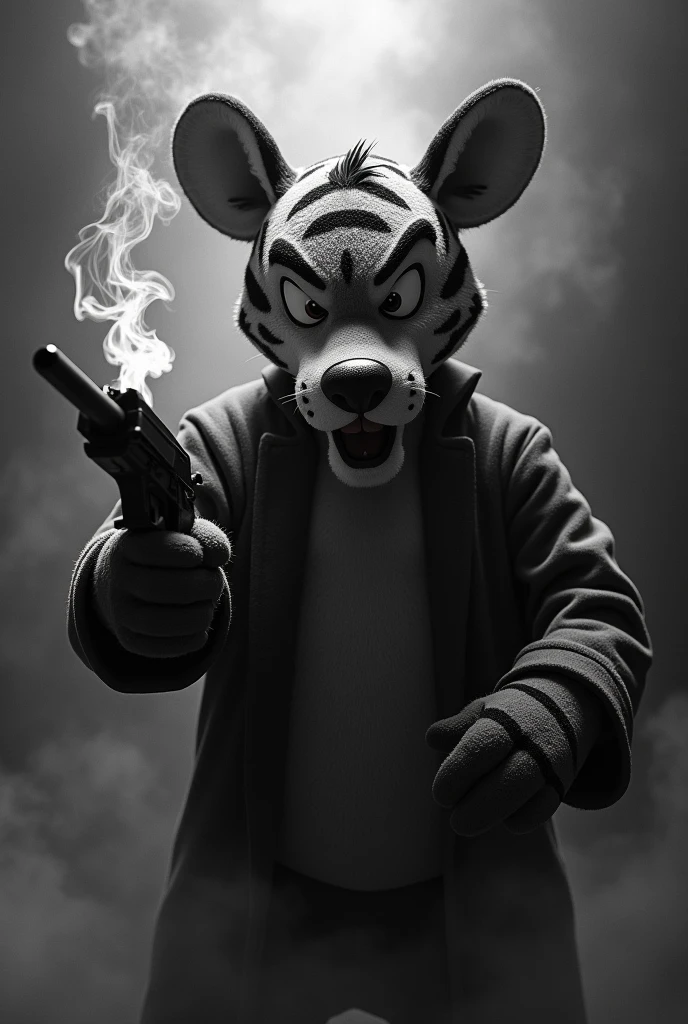 Bad Tigger with cigarettes and guns, lots of smoke in black and white