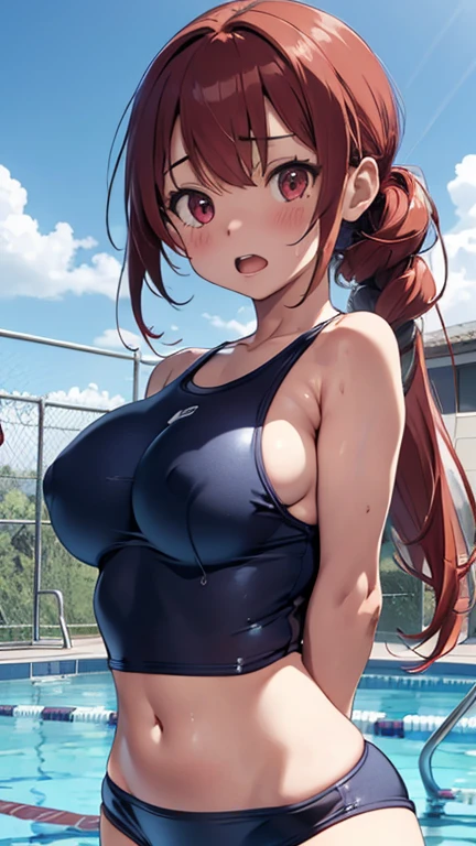 mastute piece,Best Quality,insanely detailed,8k cg,nsfw,
(shoot upper body:1.3),
(1girls:1.3),standing,looking at viewr,body in front,(arms behind back:1.4),(navy blue school swimsuit:1.4),(bare breasts:1.4),break,
blush,shy,(ecstasy face),(trembling:1.2),break,(light red hair:1.2),
break,
perfect breasts,perfect teats,(open mouth:0.9),(large breasts:1.3),
(poolside:1.1),