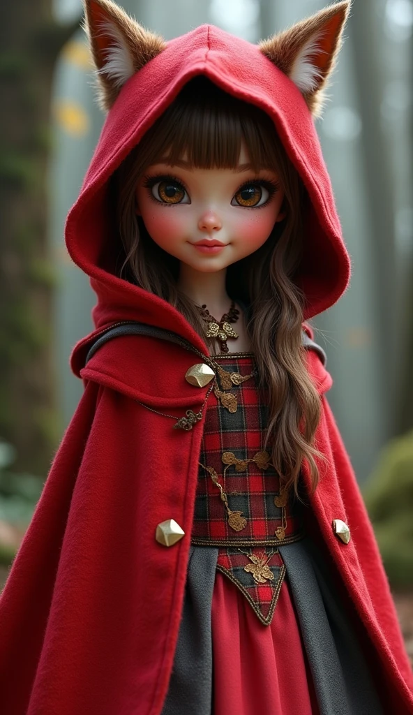Imagem da filha da Cerise Hood e da Cedar Wood de Ever After High: You must have straight, wavy hair with brown bangs and white highlights., eyes browns, Light brown skin, big red hood, in wolf ears, red dress with gray details, with red and black checkered details on the top and red with gray on the bottom, wooden elements in clothing