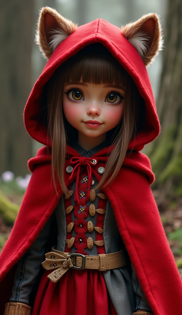 Imagem da filha da Cerise Hood e da Cedar Wood de Ever After High: You must have straight, wavy hair with brown bangs and white highlights., eyes browns, Light brown skin, big red hood, in wolf ears, red dress with gray details, with red and black checkered details on the top and red with gray on the bottom, wooden elements in clothing