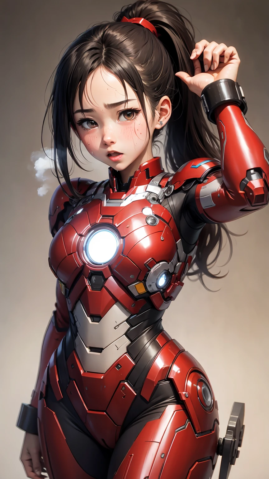 Highest quality　8k Iron Man suit girl　Elementary school girl　Sweaty face　cute　ponytail　Steam coming from the head　My hair is wet with sweat　Black hair feel　Full body portrait　Ecstatic expression　Drooling dripping from the mouth　look up　bare hands　Waving　Embarrassed expression　I can see the vagina