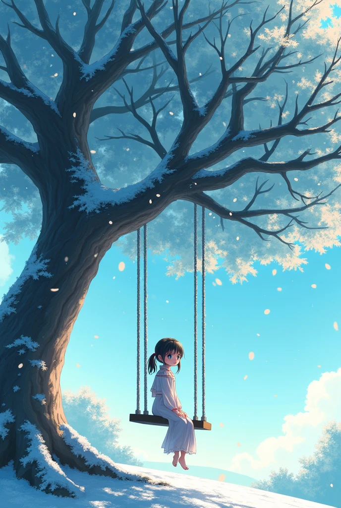 "Draw a beautiful anime-style scene featuring a young girl sitting on a swing under a large tree. Snowflakes are gently falling around her, creating a serene and magical atmosphere. The image should be in a Japanese aesthetic, with vibrant and delicate colors. The tree should have lush, intricate branches and the snow should add a soft, enchanting touch to the scene."