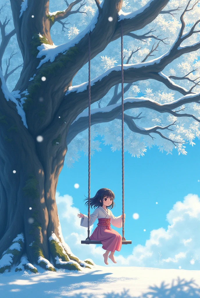 "Draw a beautiful anime-style scene featuring a young girl sitting on a swing under a large tree. Snowflakes are gently falling around her, creating a serene and magical atmosphere. The image should be in a Japanese aesthetic, with vibrant and delicate colors. The tree should have lush, intricate branches and the snow should add a soft, enchanting touch to the scene."