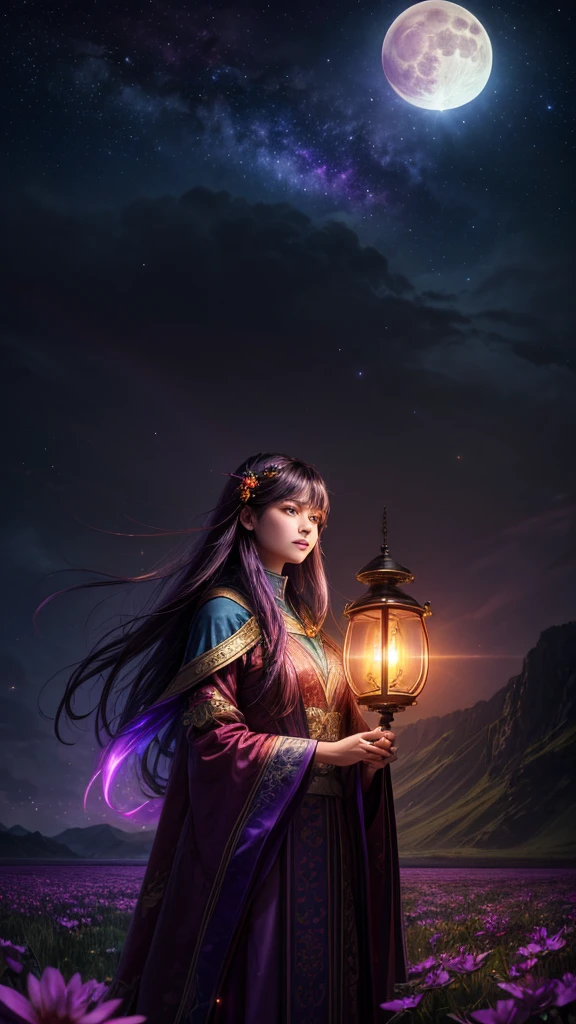 Wide-ranging landscape photos, (A view of the sky and wilderness from below),  Lawyer standing in a flower field，Look up at the sky, (Full Moon: 1.2), (meteor: 0.9), (nebula: 1.3), Distant Mountains, Tree BREAK Production Art, (Warm light source: 1.2), (firefly: 1.2), lamp, Purple and Orange, Intricate details, Volume LightingBREAK (masterpiece: 1.2), (best quality ), 4K, Extremely detailed, (Dynamic Configuration: 1.4), Rich in details、rich and colorful (rainbow: 1.2), (闪耀的lamp光, Atmospheric lighting), Dreamy, magic, (solitary: 1.2)