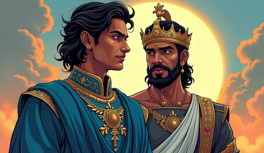 A young Shakuni indian (prince)stands beside his father. He has sharp features, dark eyes, and wears blue and silver royal attire with a simple crown. He looks proud and full of promise."
In comic style