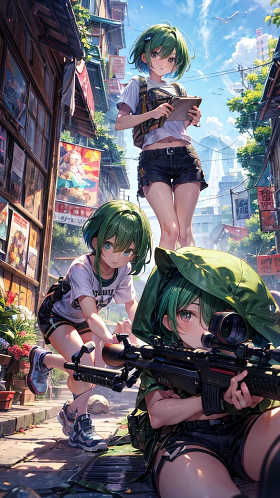 Emerald Hair、Short Hair、Sniper、Shorts、Short sleeve