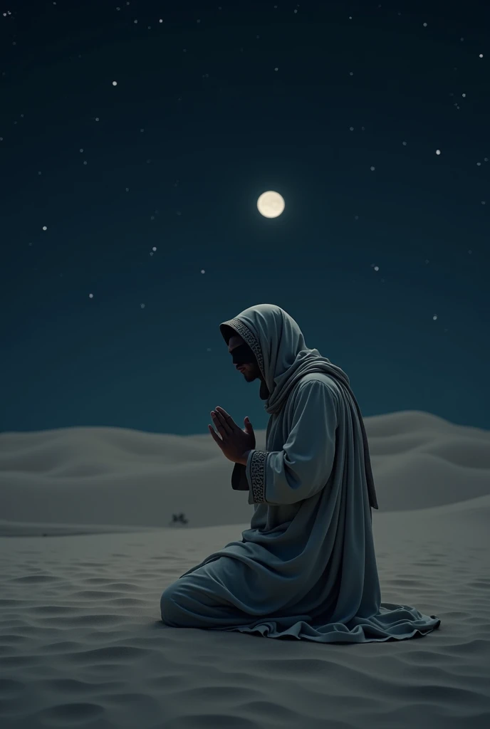 Man wearing Arab dress, masked, in desert, praying to Allah at night  