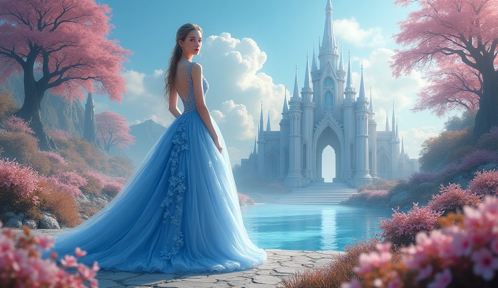 1 girl, Blue Wedding Dress, Looking at the audience,The Blue Crystal Palace is surrounded by flowers and trees.,Blue sky and clouds,against a pink Dreamy background,Take the whole body,In the form of fantasy, high definition,photography,Dreamy background,photographyแสง,soft light , Superb details,Surrealism,Panorama style,princess dress,