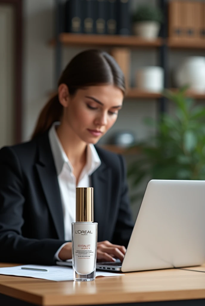 A working lady is on her desk with an open laptop. Put the L'Oréal Paris Revitalift Filler Hyaluronic Acid Serum on a table in the foreground, close to the workspace of a lady working at her desk, to show how effortlessly she can incorporate it into her routine.