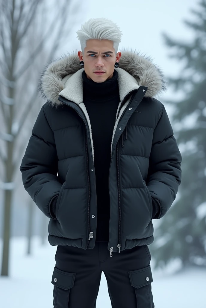 alone, male, standing, black winter jacket, black cargo pants, White fur around hood, white hair, black earrings, blue eyes, 18, fit, best quality