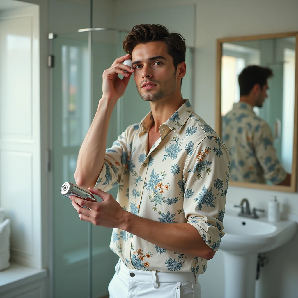 A white man, aged 35, model type, with short dark hair, with blue eyes, wearing a flowered shirt buttoned all the way up, White shorts, tennis, in the bathroom putting on gel
