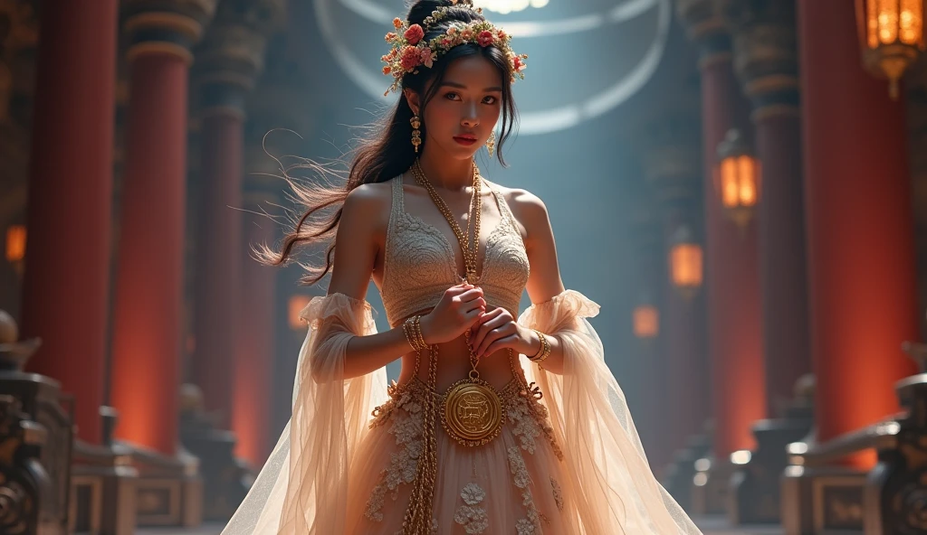 Cinderella and the gold medal , Luxurious clothing decorated with intricate embroidery, Tullai, A long transparent ribbon is tied around the arm., Inspired by the mural painting of the fairy Bin Tung Huang, Show your navel, bare shoulders, bare neck, High Boxing,Flower hairpin, ribbon on armband, wreath, bracelet, Anklet, Metal chain tassel at waist, Mogao Cave Art, ink painting, cgstation pop, In the castle at night, ((whole body)), ((Very realistic))