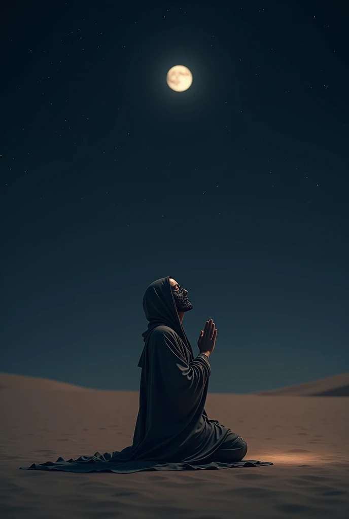 Man wearing Arab dress, masked, in desert, praying to Allah at night