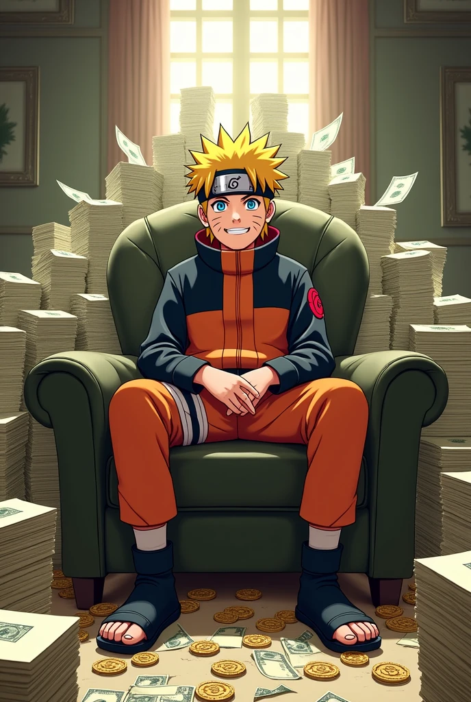 Natuto sit on chair and behind a lot of money
