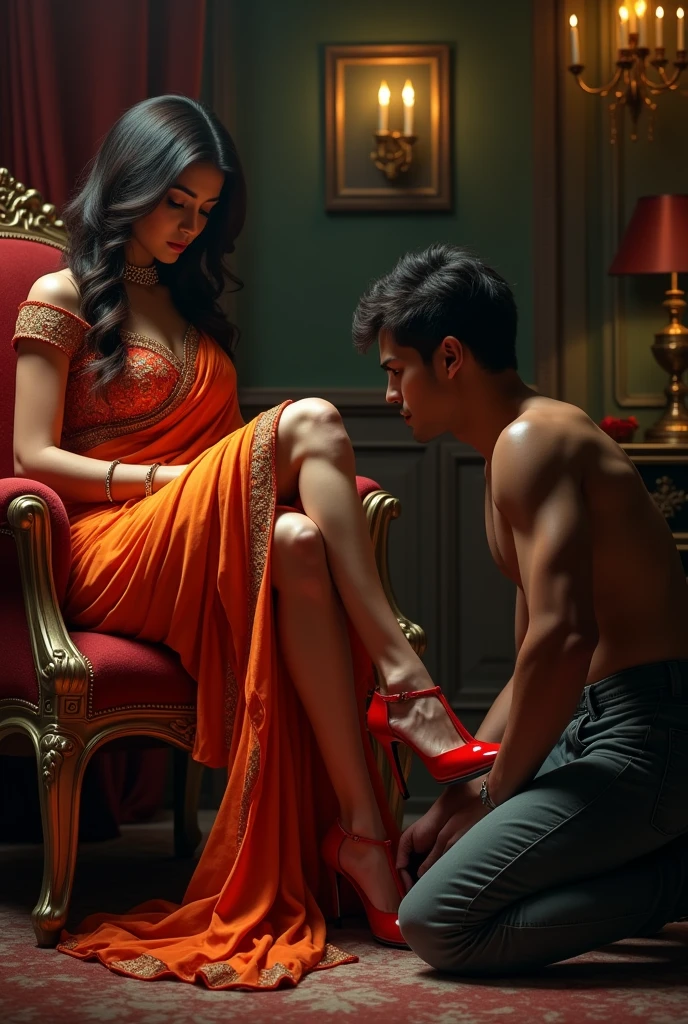 A woman sitting in chair crossing her legs, showing her thighs, feet in high heels wearing saree and a  man kneeling in front of her holds her feet on his hand and licks her feet from tongue 