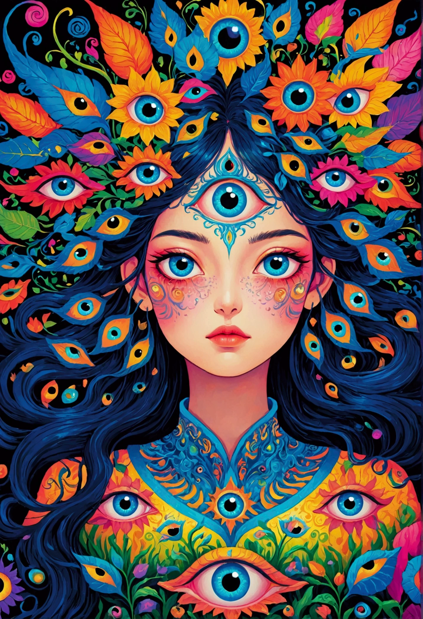 A colorful painting of eyes,There are many different colored eyes on it, Complex artwork. Neon eyes, Very detailed and hypnotic, Highly detailed fantasy art, Psychedelic超现实主义艺术, Fantasy painting, Psychedelic, Visionary Art Style, Psychedelic艺术, Ultra-detailed fantasy art, Ultra-detailed fantasy art, Psychedelic艺术, Psychedelic艺术 style, Psychedelic超现实主义视觉艺术, eyeballs intricated