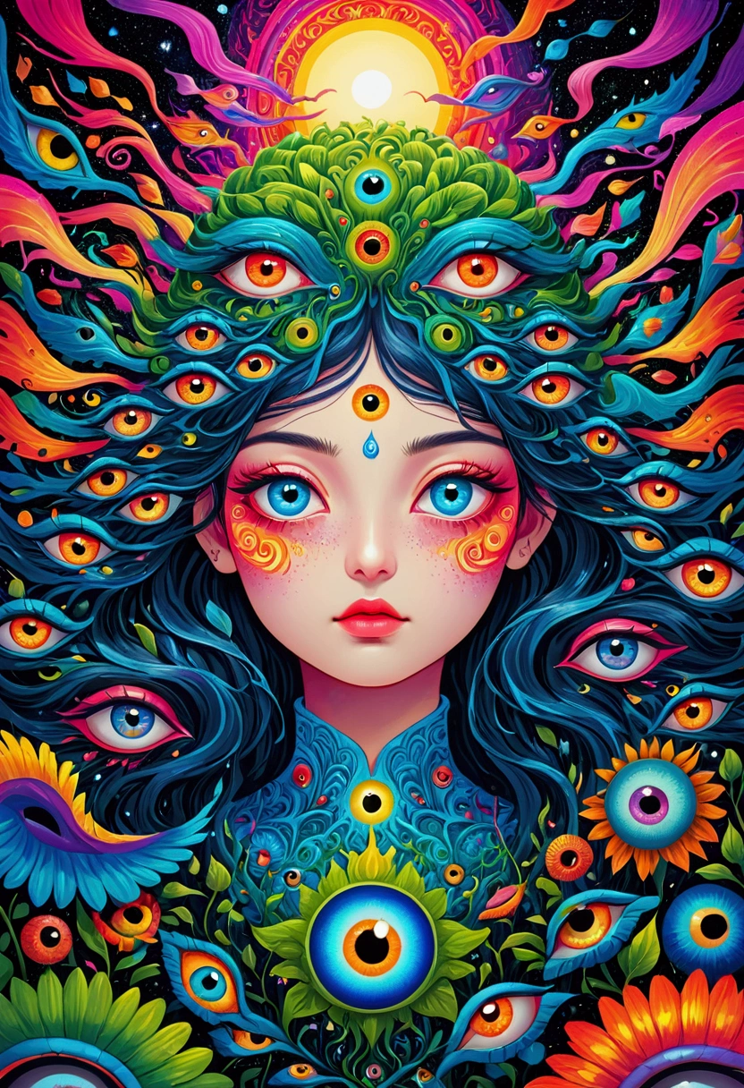 A colorful painting of eyes，There are many different colored eyes on it, Complex artwork. Neon eyes, Very detailed and hypnotic, Highly detailed fantasy art, Psychedelic超现实主义艺术, Fantasy painting, Psychedelic, Visionary Art Style, Psychedelic艺术, Ultra-detailed fantasy art, Ultra-detailed fantasy art, Psychedelic艺术, Psychedelic艺术 style, Psychedelic超现实主义视觉艺术, eyeballs intricated