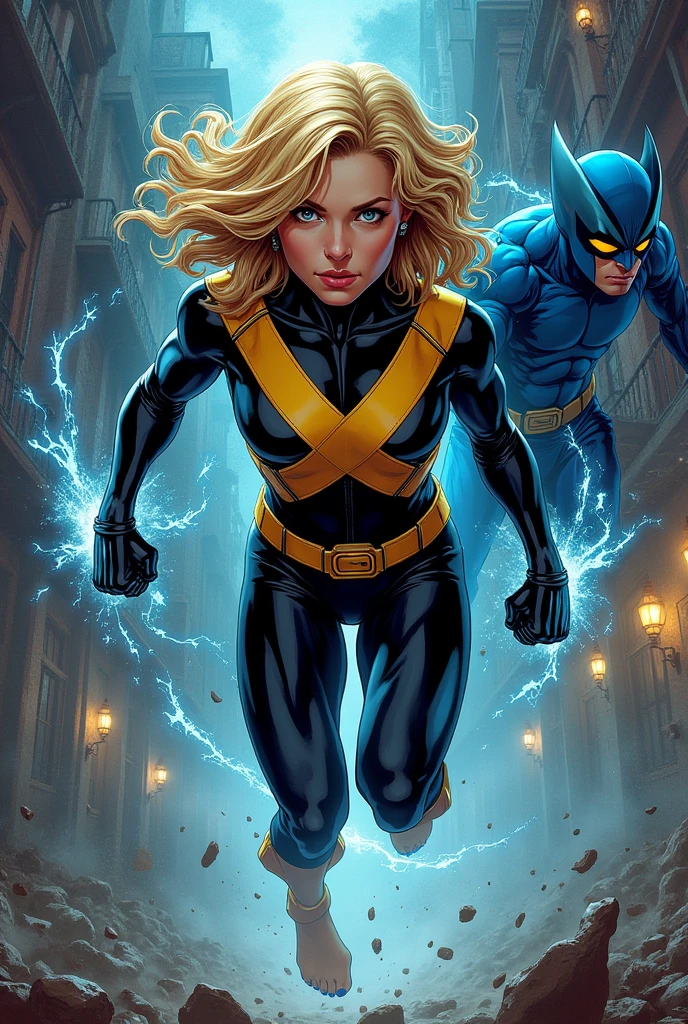 A comic book-style Marvel cover showing two heroines, Centella with short blonde hair, bright blue suit with white lightning symbol, and Tempest with long black hair, blue and white suit, in heroic poses, surrounded by a night cityscape with disturbing shadows in the background. In the sky, the dark figure of the villainous Night Lady is seen, a tall and thin woman, with hair black as night and eyes bright as the full moon, dressed in a tight black suit that allows her to move with agility and discretion. His abilities include the ability to blend into shadows to become invisible., create illusory projections that disorient your enemies, and launch blasts of dark energy that can weaken your opponents.