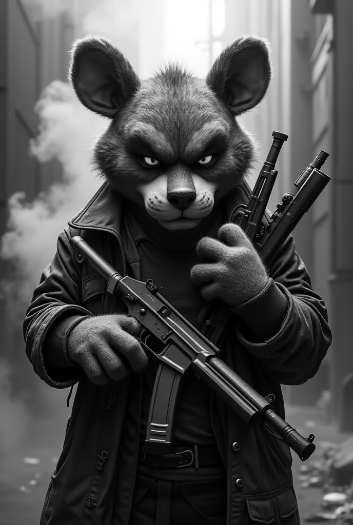 Bad Tigger with cigarettes and guns, lots of smoke, black and white, stealing and killing