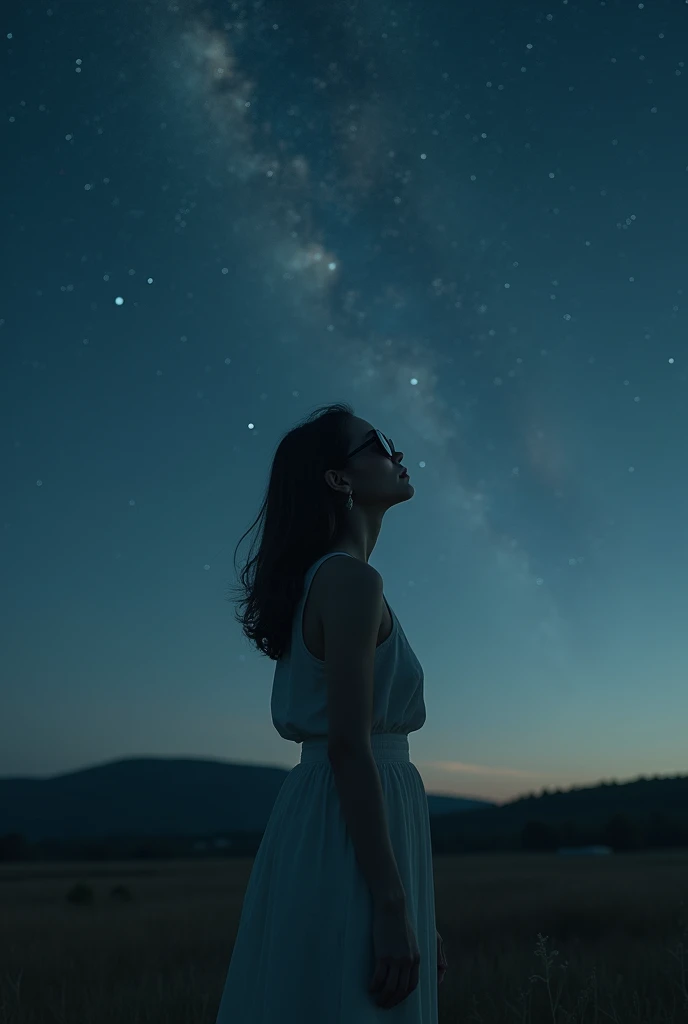 [Core Concept]
A young woman gazes up at the vast, starry night sky, her eyes concealed behind a pair of stylish sunglasses.

[Character Description]
The girl is depicted as a youthful, elegant figure, her features softened by the dim, ethereal lighting of the night. Her expression is one of wonder and contemplation as she takes in the grandeur of the cosmos above.

[Environment/Background]
The scene is set against a serene, nocturnal landscape, with the girl situated in an open, tranquil outdoor setting, perhaps a grassy field or a secluded hilltop, allowing for an unobstructed view of the celestial expanse.

[Style and Atmosphere]
The overall atmosphere is one of serenity and introspection, with a dreamlike, almost surreal quality to the scene, enhanced by the use of muted, moody tones and a sense of timelessness.

[Composition]
The composition places the girl at the center of the frame, her upturned gaze drawing the viewer's attention towards the captivating night sky, creating a sense of scale and wonder.

[Details and Embellishments]
Subtle details, such as the gentle breeze rustling the girl's hair or the faint glow of distant stars, add depth and realism to the scene, further immersing the viewer in the tranquil, contemplative moment.

[Technical Specifications]
The image is rendered with a high level of detail and precision, utilizing a combination of photorealistic and stylized elements to create a visually striking and emotionally evocative representation of the scene.