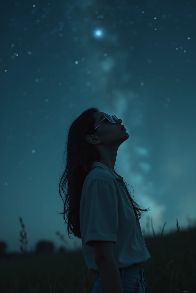 [Core Concept]
A young woman gazes up at the vast, starry night sky, her eyes concealed behind a pair of stylish sunglasses.

[Character Description]
The girl is depicted as a youthful, elegant figure, her features softened by the dim, ethereal lighting of the night. Her expression is one of wonder and contemplation as she takes in the grandeur of the cosmos above.

[Environment/Background]
The scene is set against a serene, nocturnal landscape, with the girl situated in an open, tranquil outdoor setting, perhaps a grassy field or a secluded hilltop, allowing for an unobstructed view of the celestial expanse.

[Style and Atmosphere]
The overall atmosphere is one of serenity and introspection, with a dreamlike, almost surreal quality to the scene, enhanced by the use of muted, moody tones and a sense of timelessness.

[Composition]
The composition places the girl at the center of the frame, her upturned gaze drawing the viewer's attention towards the captivating night sky, creating a sense of scale and wonder.

[Details and Embellishments]
Subtle details, such as the gentle breeze rustling the girl's hair or the faint glow of distant stars, add depth and realism to the scene, further immersing the viewer in the tranquil, contemplative moment.

[Technical Specifications]
The image is rendered with a high level of detail and precision, utilizing a combination of photorealistic and stylized elements to create a visually striking and emotionally evocative representation of the scene.