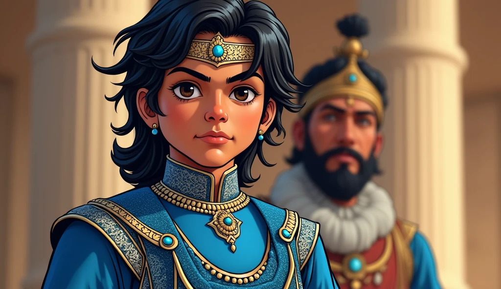 A young Shakuni indian (prince)stands beside his fatherKing Subala. He has sharp features, dark eyes, and wears blue and silver royal attire with a simple crown. He looks proud and full of promise."
In comic style