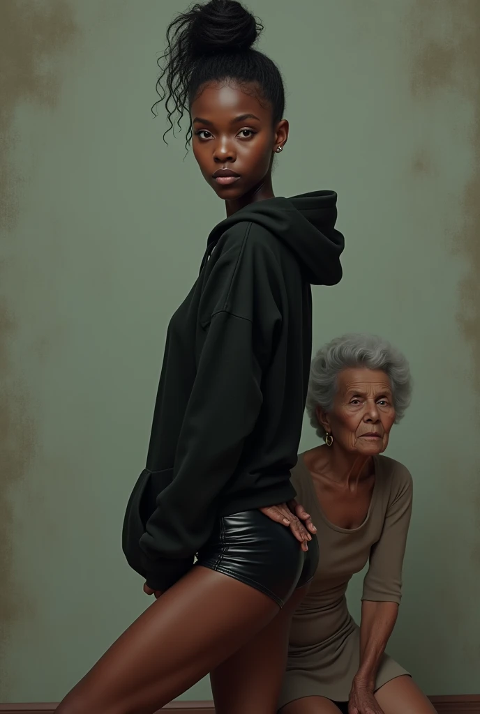 black woman hair in a bun black hoodie black leather short shorts a old grandma in a dress on her knees kissing her ass behind her hands on her butt