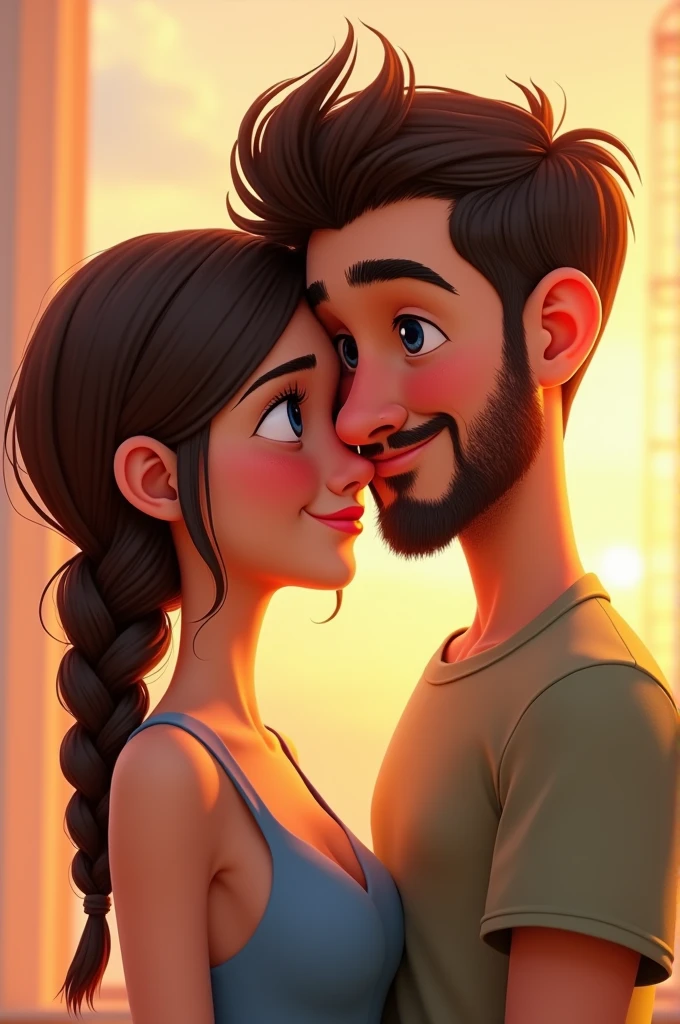 Illustrates in Disney Pixar style a couple that only see each other from the torso up. The girl is not so dark-skinned, has hair above her shoulders and a braid falls over her face., The nose is a little flat and has a very subtle mole between his nose and his lips, she is very beautiful, The boy is next to her, very close to her, he has a slightly short beard, he is smiling and his hair is short with a gradient on the sides of his head.