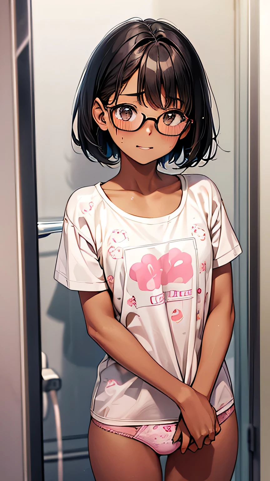 Highest quality、Realistic、、zoom、Primary school students、cute、Light grey eyes、Black Hair、short hair、Tanned brown skin、Dark Skin、Light pink bra with small character print、Light pink panties with small character print、Embarrassed laugh、Glasses、Flat Chest、。Low length、Bust Shot、Shower room、