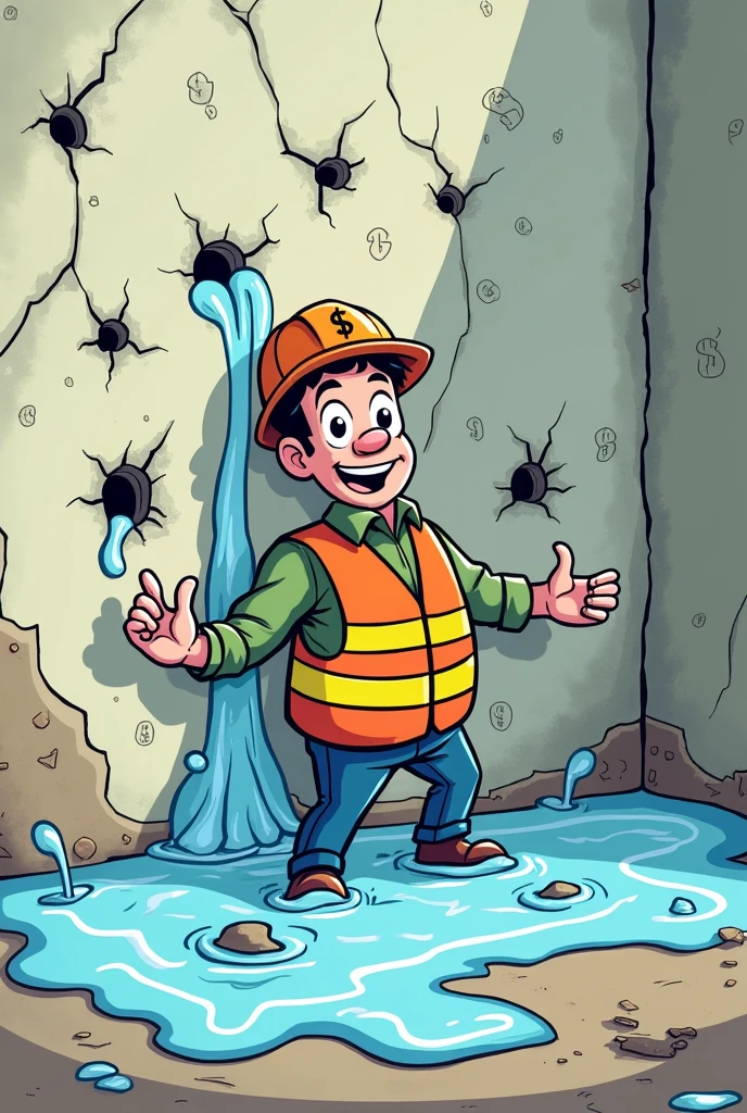 A cartoon representation. There are lots of holes in a wall from where water is leaking, a person is stopping them with his hands legs and head. The wall represents company, leaks represent defects and person is the quality checker. Aim to visualise the message where quality checkers stops the defects from moving forward