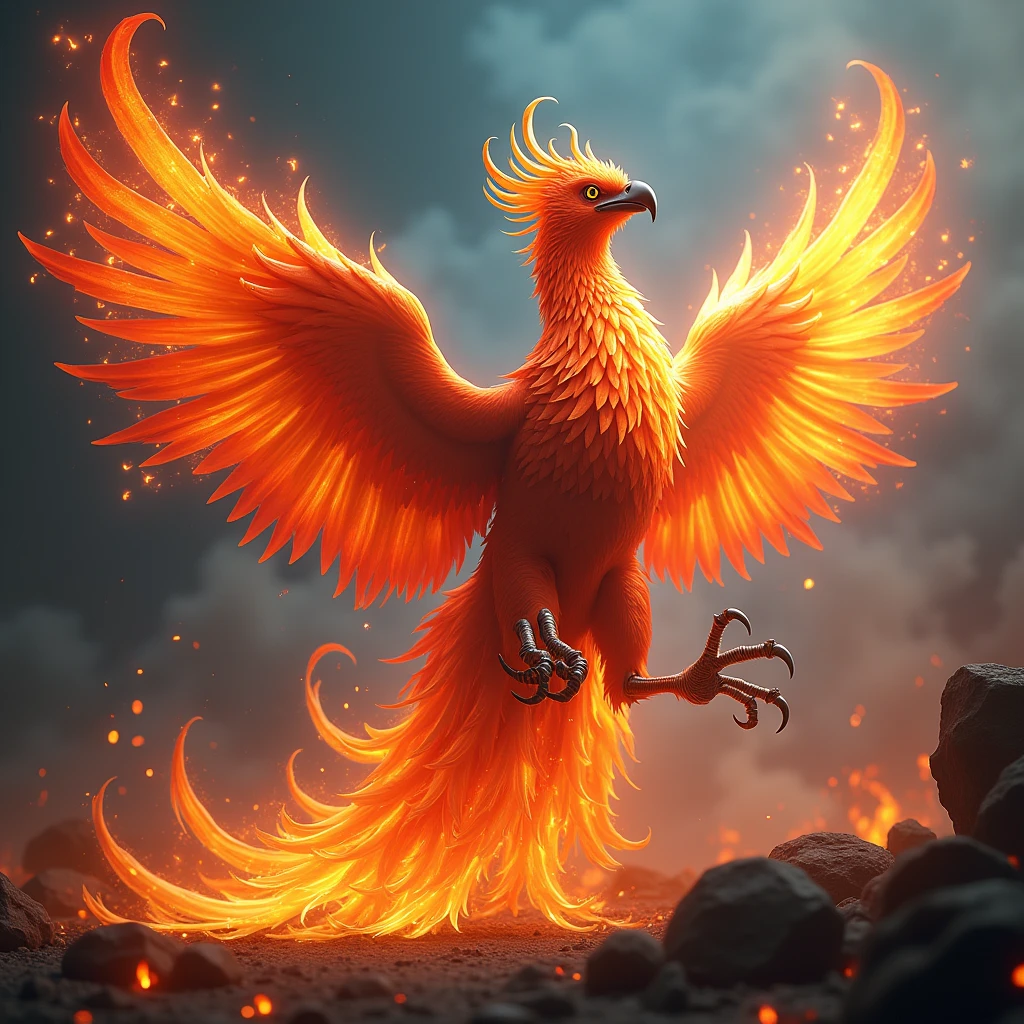 Mystical Phoenix、Detailed burning flame bird、Detailed rainbow flames、Sharp and detailed claws、Thick, detailed legs、Detailed large wings、Exquisite detail、Dramatic lighting、Cinematic pose、Majestic wings spread、Burning embers、Swirling smoke、Vibrant colors、(best quality,4K,8k,highres,masterpiece:1.2),ultra-detailed,(realistic,photorealistic,photo-realistic:1.37),cinematic,dramatic lighting,vivid colors,ornate,highly detailed phoenix,intense fire effects,dramatic angles,sweeping wingspan,powerful presence