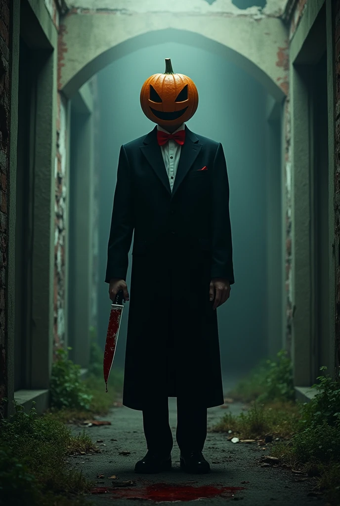 Horror movie Porter with a person in a black suit and a red bow with a pumpkin head and a knife with blood as the title of Jack killers and an abandoned house in the background