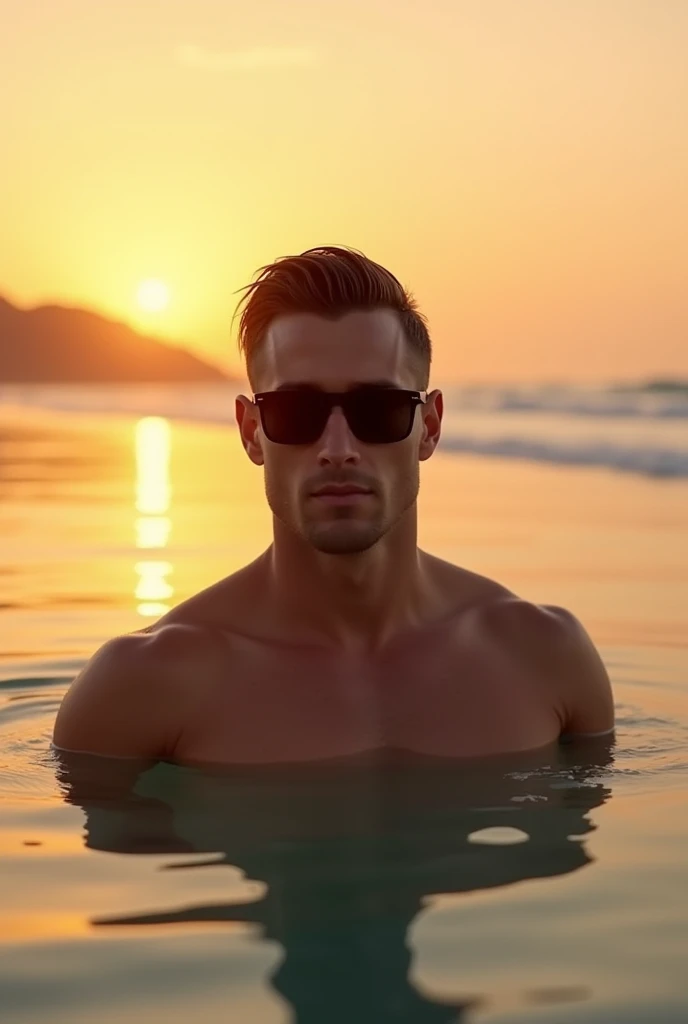 Create a hyper-realistic image of a man, it is very important that he does not have a beard, he must appear without facial hair. Approximately 2. The man has dark brown hair and a short haircut. He does not wear a beard and has a white skin tone. His physical features include a slightly broad forehead and an athletic build, with a height of 1.87 meters and a weight of 93 kg. Although he has muscle mass, he is not overly strong. The man is wearing sunglasses and is bathing in the water of a beach at sunset, submerged up to his chest. The water reflects the warm, golden tones of the setting sun, creating a calm and relaxing atmosphere. The perspective of the image should be as if taken from an iPhone 12, capturing realistic details and natural colors, with the sunset horizon and reflection in the water clearly visible. Make sure the image conveys a sense of serenity and realism.