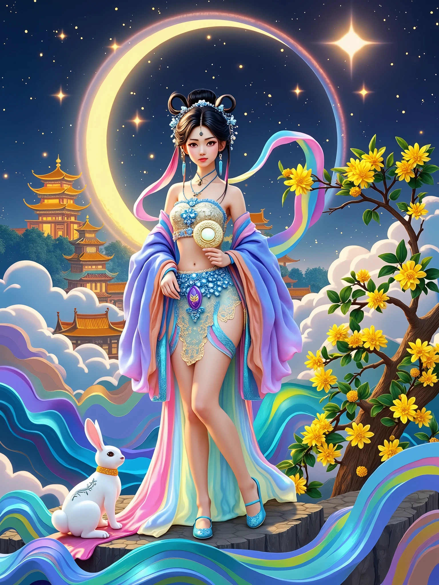 Three-dimensional ancient style, vibrant Chinese aesthetics, an elegant ancient Chinese fairy, Chang'e, holding a mooncake, moon rabbit, scattered stars, osmanthus tree, a woman in a gorgeous seven-colored rainbow Hanfu long dress standing on a cliff gazing at the starry sky, beautifully defined facial features, bright colors, sparkling attire, adorned with shining stone patterns, crystal material shoes, rainbow gradient fluorescent ribbons, exquisite, light waves, traditional, refined, perfect composition, ultra-high definition, crescent moon earrings, raised eyebrows, jade phoenix branches, forehead gem, looking directly at the audience, facing the viewers, phoenix crown and colorful robe, glimpses of ancient Chinese palaces in the clouds in the distance, outer space, the Milky Way,