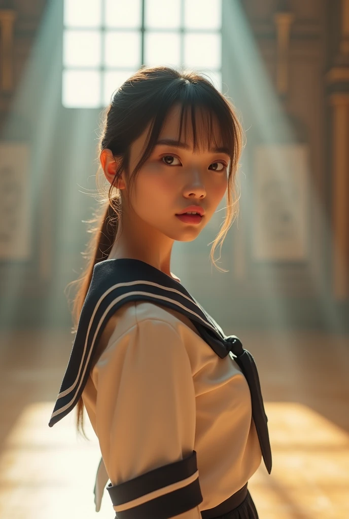 Browsing Caution:-2, Realistic, From the side:1.21, photorealistic realism, Portrait of a Japan woman, Elegant appearance, World-class idol, Cute Japanese woman'face:1.21, Beautiful Japanese Woman'face:1.21, close your eyes:1.21, (Above the knee shot.:1.21), (Realistic photos:1.4), (masterpiece, Highest quality:1.2), RAW Photos, 32K High Resolution, Intricate details,Very detailed, Standing woman, (Please show me your armpits.:1.21), (Flat Chest:1.21), Gazing at the audience, View from below, Tight waist, Cute face, Light brown hair, (Straight hair:1.21), With drooping bangs, School uniforms, Short sleeve clothing, Sailor suit:1.21, sera fuku:1.21, 有名な東京都立高校のSailor suit, The upper body is wearing a uniform:1.21, Pleated skirt:1.21, Bust Top Float, Sharp eyebrows:1.37, Pink lipstick:0.95, 詳細なface, fine grain, Pale skin:1.21, Fine skin, Glowing Skin:1.21, The museum's vast exhibition hall, A magnificent museum with historic value, Under the Rising Sun, light from skylight, Rays of light run through her body:1.37, Ray Tracing, Emotional, Gentle sunlight、Browsing Caution:-2,