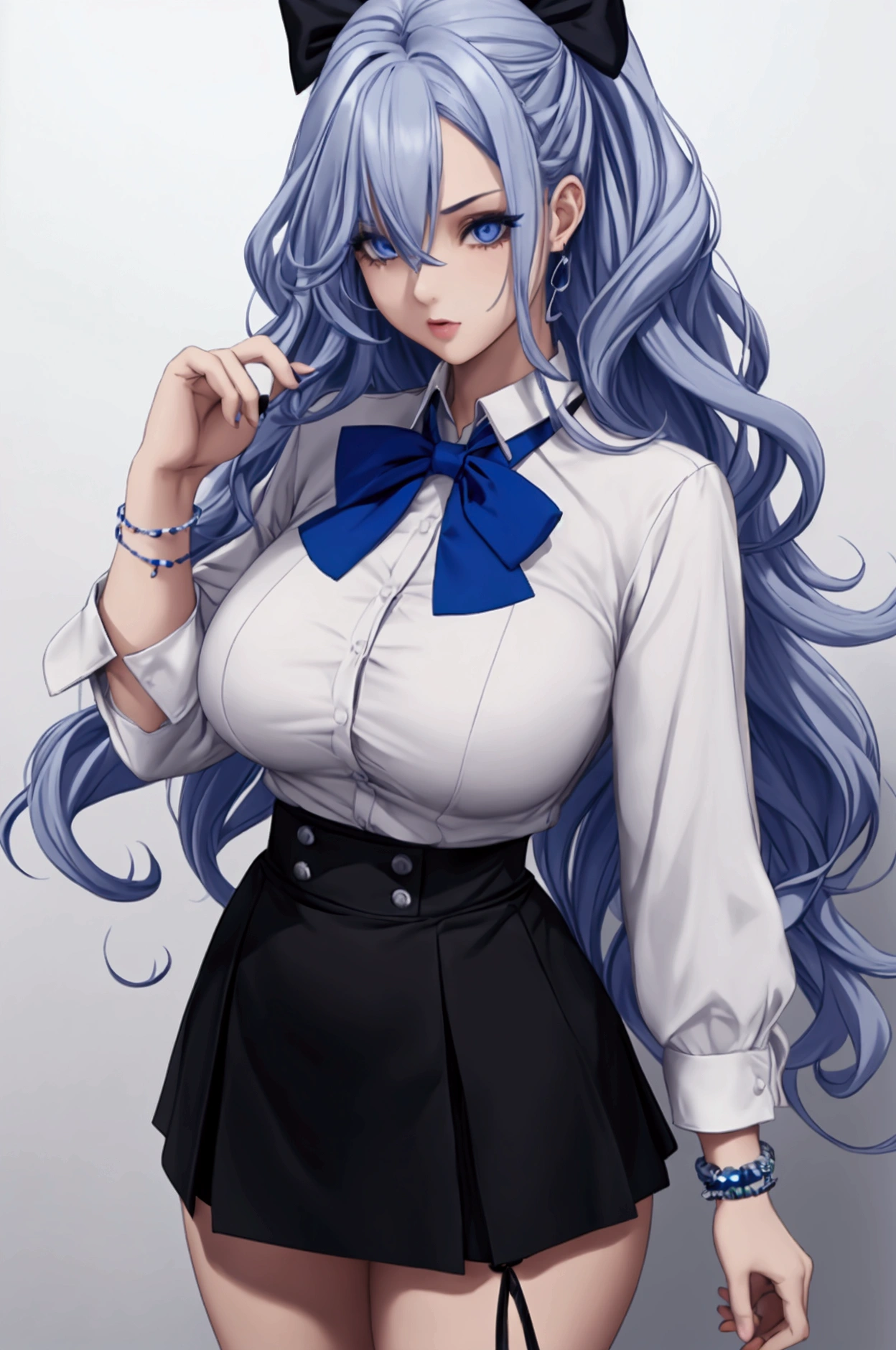 1girl, long hair, multicolored hair, black hair, sidelocks, blue hair, wavy hair, eyeliner, bunny suit, leotard, (black suit jacket), leggings, fake bunny ears, blush, embarrassed, crossed arms, looking away, pout, black background, sharp focus, masterpiece, score_9, score_8_up, score_7_up