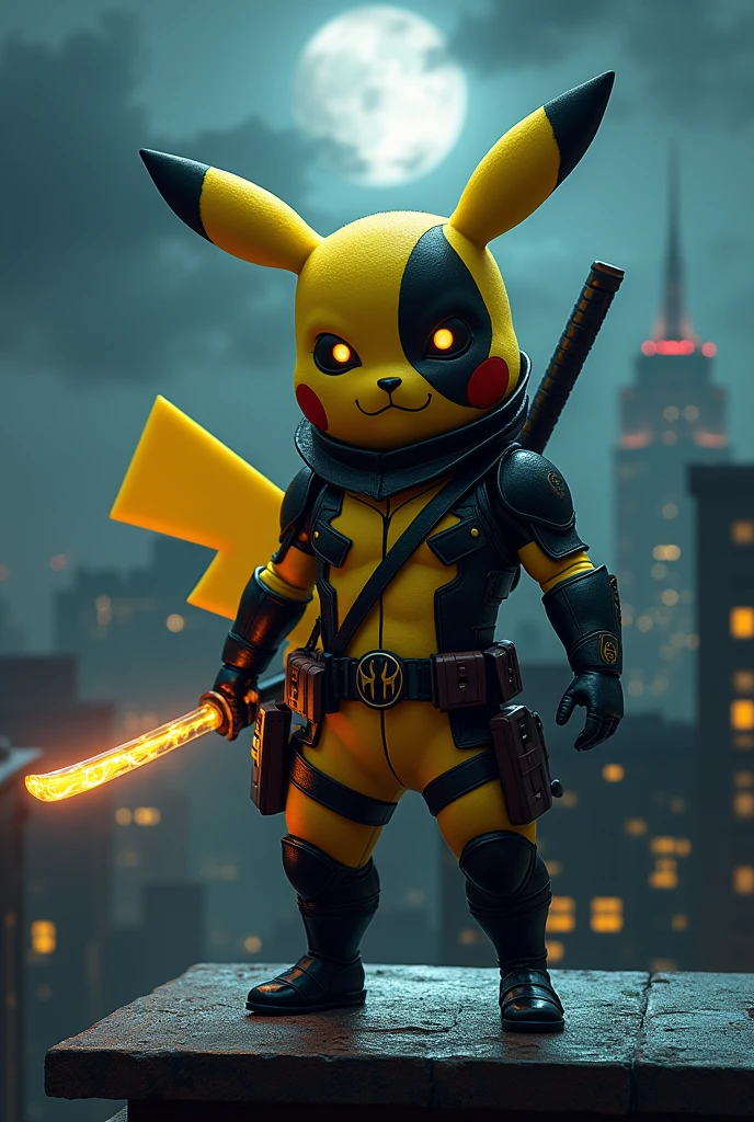 (photorealism:1.2), a dark, cinematic, hyperrealistic image of a Pikachu-Deadpool fusion, standing on a rooftop at night, holding a pair of glowing katanas. The fusion should have a sleek, armored suit with yellow accents, and piercing yellow eyes. The background should be a detailed cityscape, with a full moon and a storm brewing.