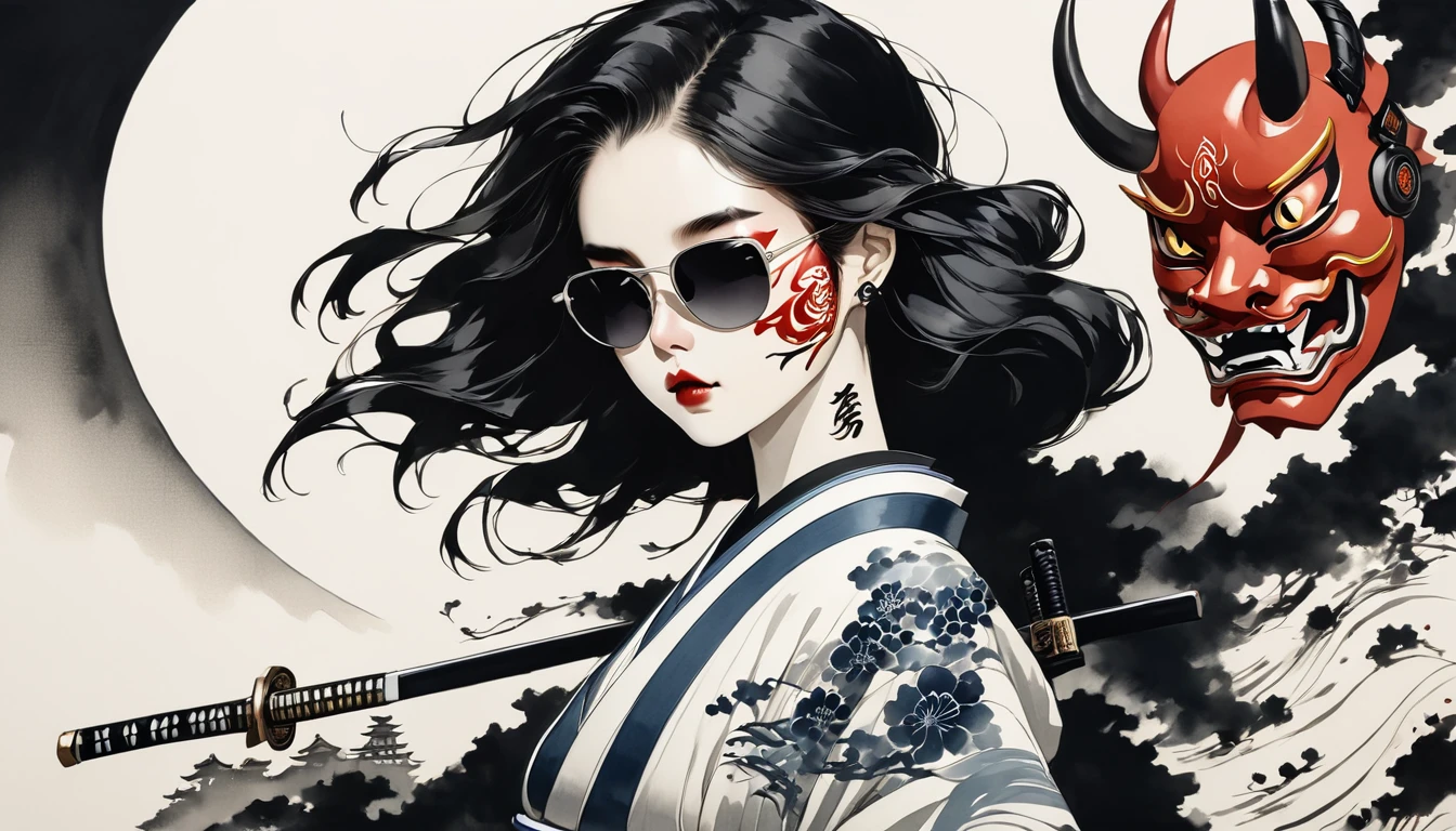 Ink Painting, (((1 girl))), (((Tattoo on face))), (((sunglasses))),(((oni mask))),(((Japanese sword))), Japanese style headphones, beautiful girl, Black Hair, Delicate and precise, Modern ukiyo-e style, background color Darkness